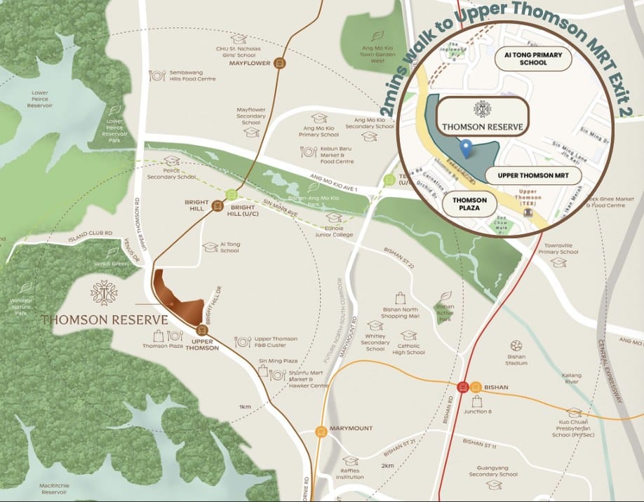 Thomson Reserve location map: Bright Hill Drive beside Upper Thomson MRT exit 2, Ai Tong School, Bright Hill MRT, Thomson Plaza and MacRitchie Reservoir